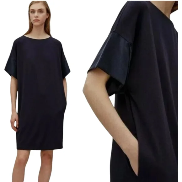COS Sz S Jersey Knit Tee Shirt Tunic Dress Stretch Silk Drop Sleeve Pockets Blue - Picture 3 of 16